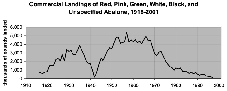 A graph displaying the commercial landings of red, pink, green, white, black, and unspecified abalone, 1916-2001. The y axis has thousands of pounds landed and the x axis is years. Take begins to decline in the 70s and plummets to nearly no take in the 90s.